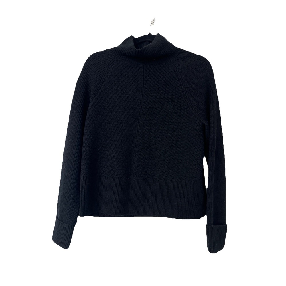 Rachel ZOE 100% Merino‎ WOOL Mock Neck Crop SWEATER Sz M Black Heavy Knit